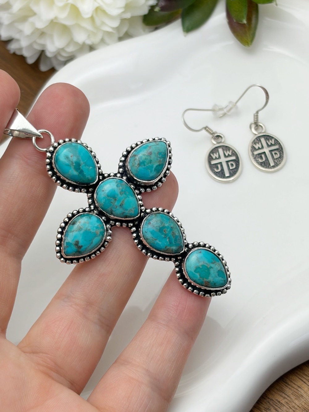 Jewelry Set Big Turquoise Cross Cluster Pendant and Vintage Cross Earrings 925